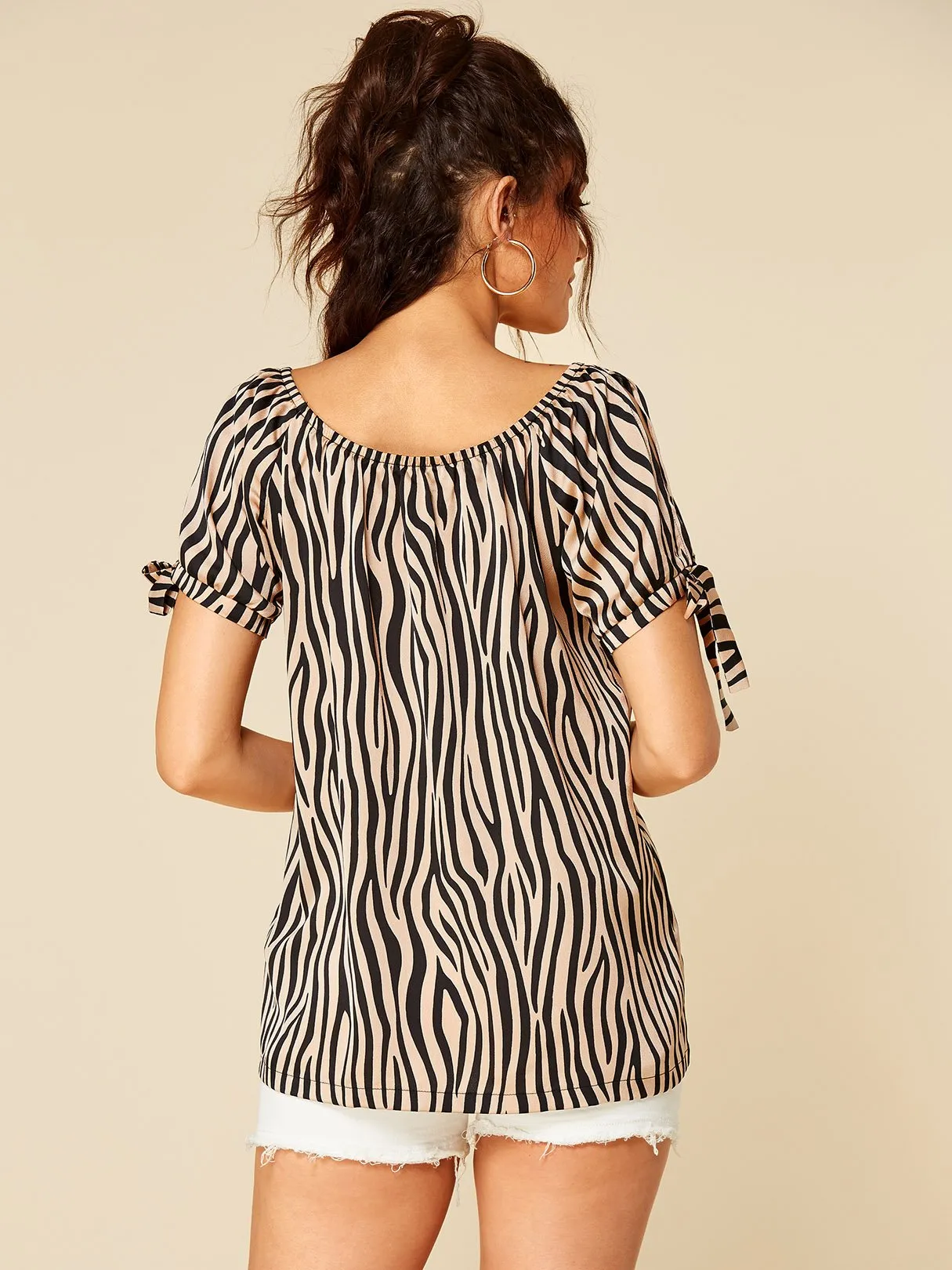 Wholesale Off The Shoulder Zebra Slit Short Sleeve Khaki Top