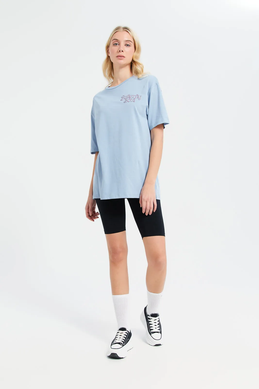 Women Blue Oversize Biker Back Print T-Shirt
