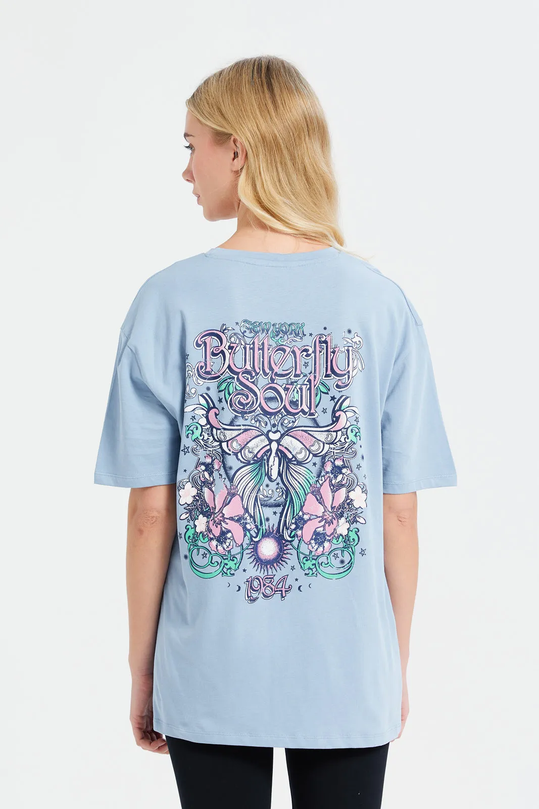 Women Blue Oversize Biker Back Print T-Shirt