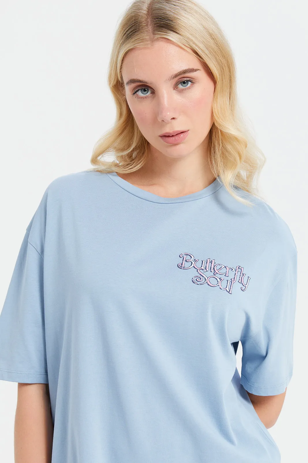 Women Blue Oversize Biker Back Print T-Shirt