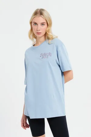 Women Blue Oversize Biker Back Print T-Shirt