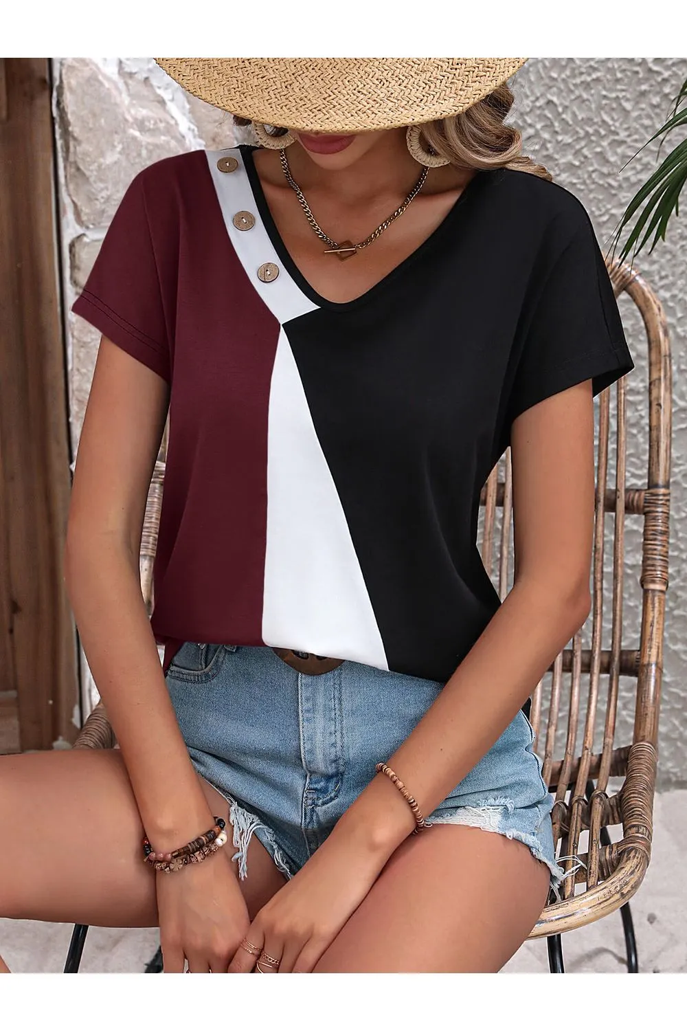 Women Color Block Decorative Button V-Neck Tee