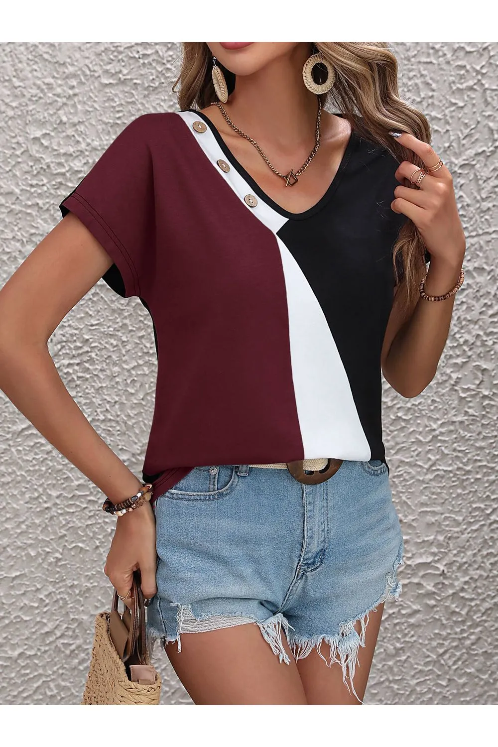 Women Color Block Decorative Button V-Neck Tee
