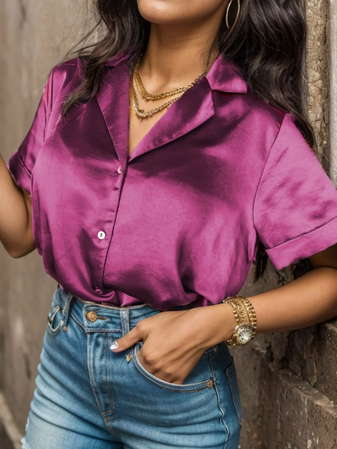 Women Red-Violet Button Up Collared Neck Short Sleeve Shirt