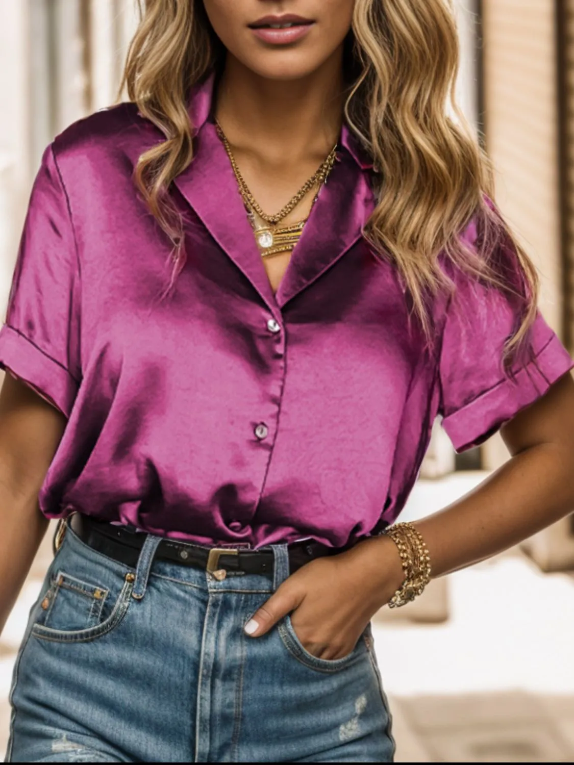 Women Red-Violet Button Up Collared Neck Short Sleeve Shirt
