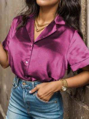 Women Red-Violet Button Up Collared Neck Short Sleeve Shirt