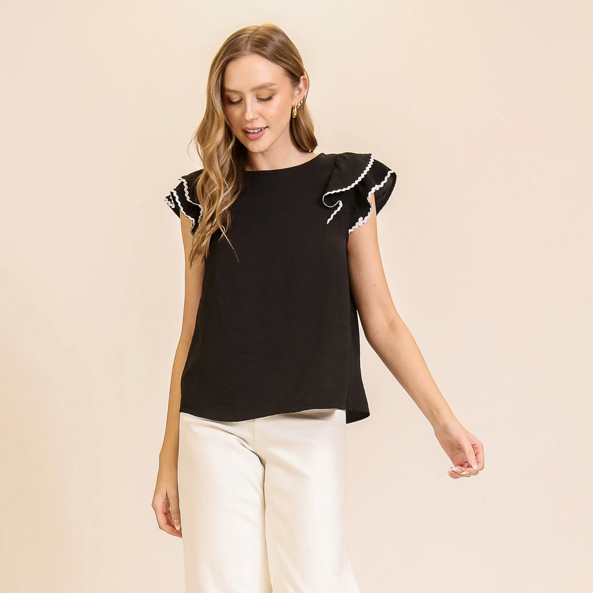 Women's Black With White Ricrac Ruffle Short Sleeve