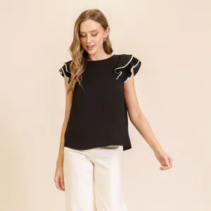 Women's Black With White Ricrac Ruffle Short Sleeve