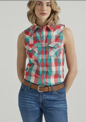 WRANGLER LADIES ESSENTIAL WESTERN SNAP TANK IN TURQUOISE RED STYLE 112347163