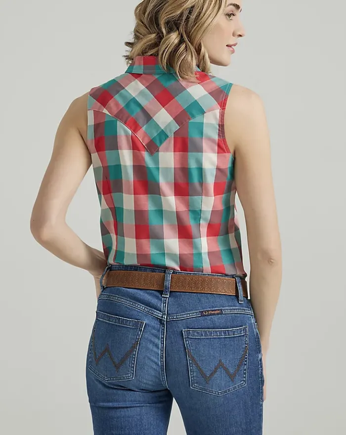WRANGLER LADIES ESSENTIAL WESTERN SNAP TANK IN TURQUOISE RED STYLE 112347163