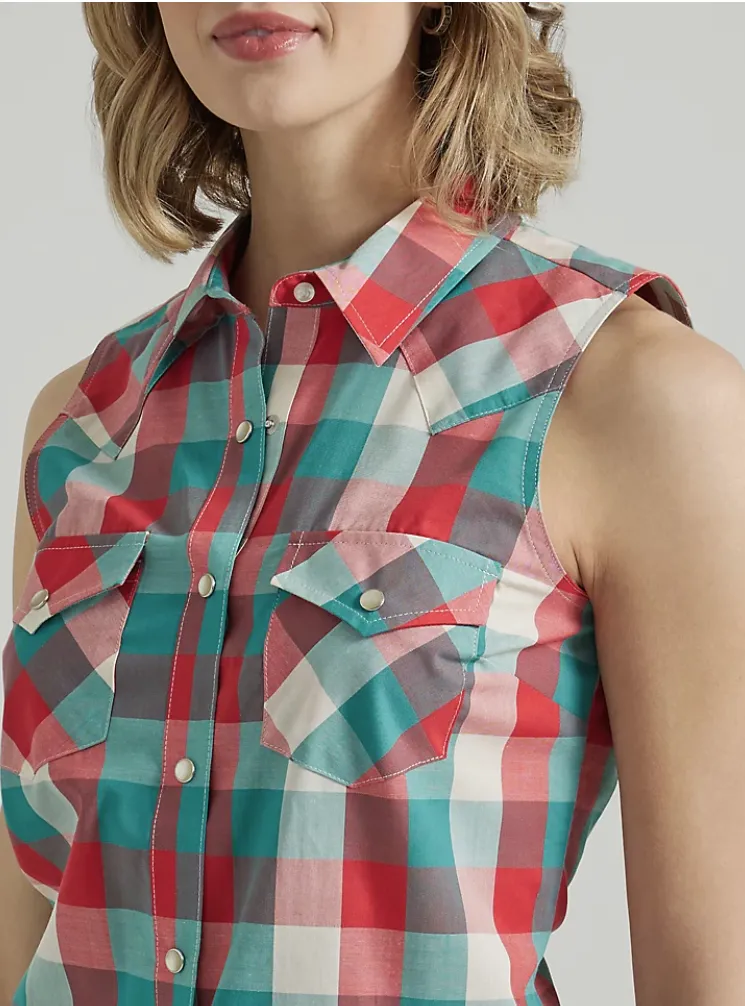 WRANGLER LADIES ESSENTIAL WESTERN SNAP TANK IN TURQUOISE RED STYLE 112347163