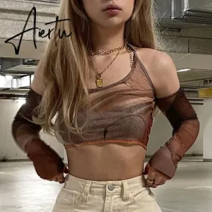 Y2k Gothic Print Brown Corset Tops Vintage Crop Top T Shirt Harajuku Grunge With Glove Fashion T-Shirt Women Summer Tshirt Camis